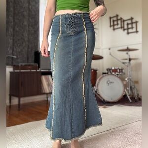 Y2K Denim Maxi Skirt with Lace-Up Detail